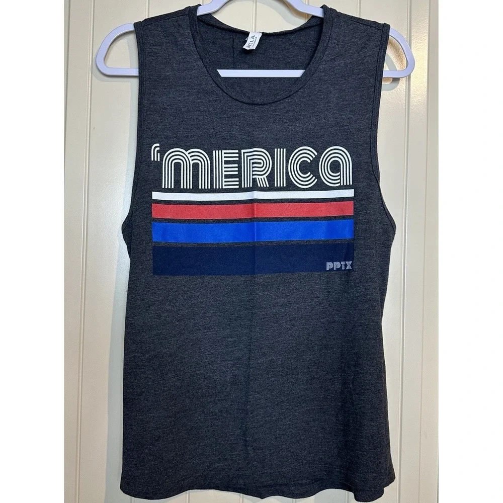 'Merica American USA gray sleeveless tank top‎ t-shirt sz L Bella Canvas GUC